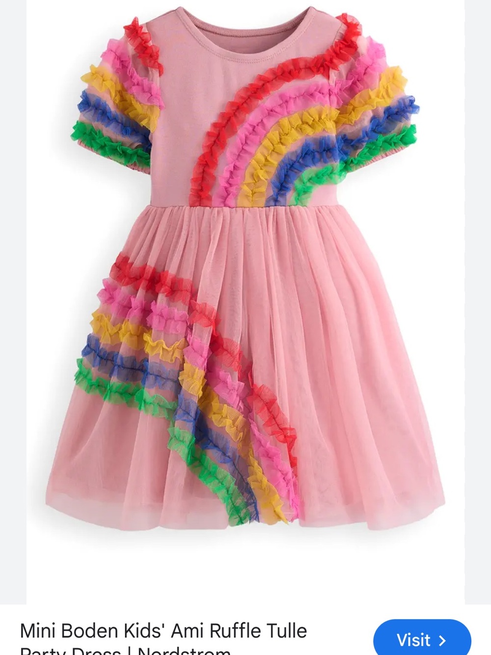 Mini Boden Pink Tulle Dress with Rainbow Ruffle Trim